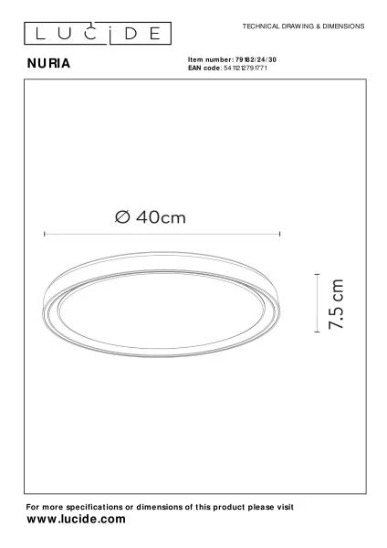 Lucide NURIA - Plafonnier - Ø 40 cm - LED Dim. - 1x24W 2700K - 3 StepDim - Noir - TECHNISCH